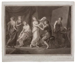 Zeusi che compone il quadro di Giunone di Francesco Bartolozzi, pubblicato a Londra da W. Palmer, 1785